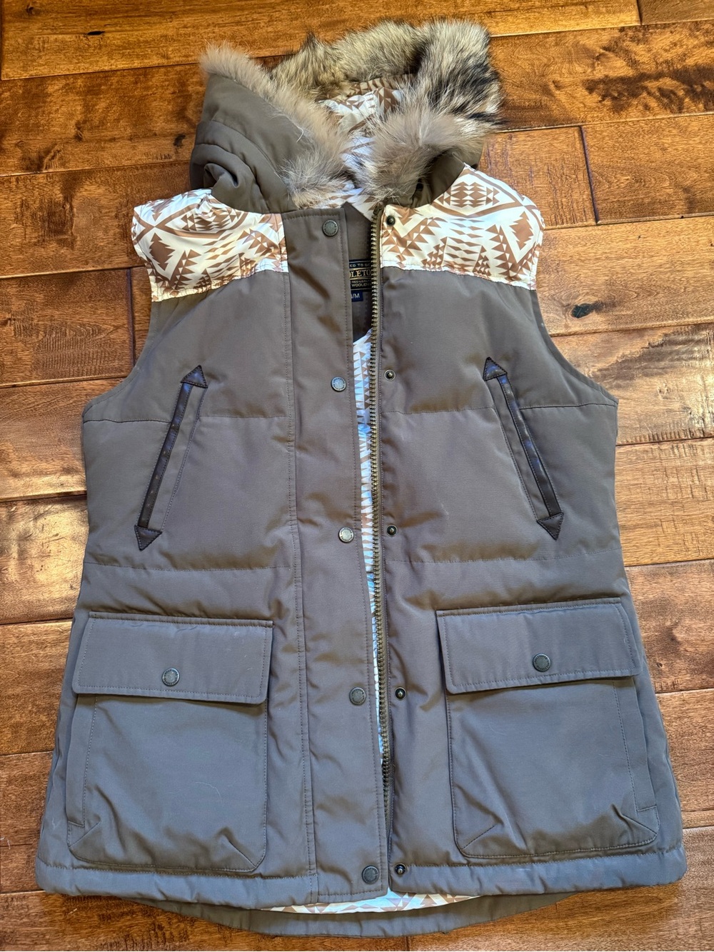 Pendleton Taupe Quilted Vest with Faux Fur Hood & Aztec Yoke